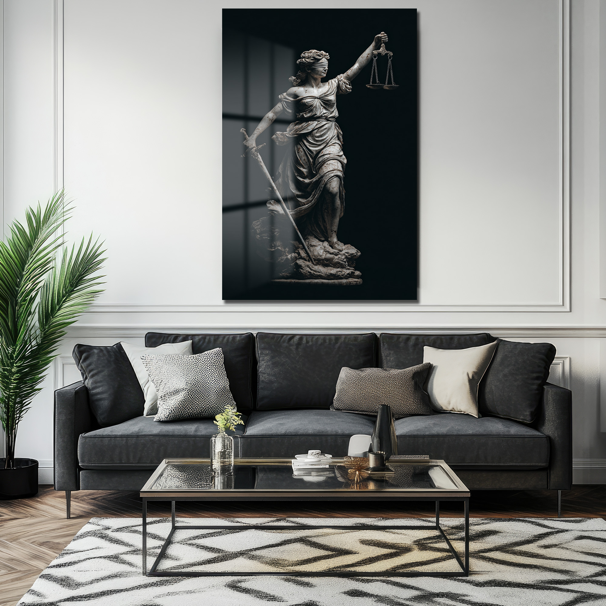 Adalet Tanrıçası Themis Heykeli Modern Cam Tablo Duvar Dekoru Adalet Tanrıçası Themis Heykeli Modern Cam Tablo