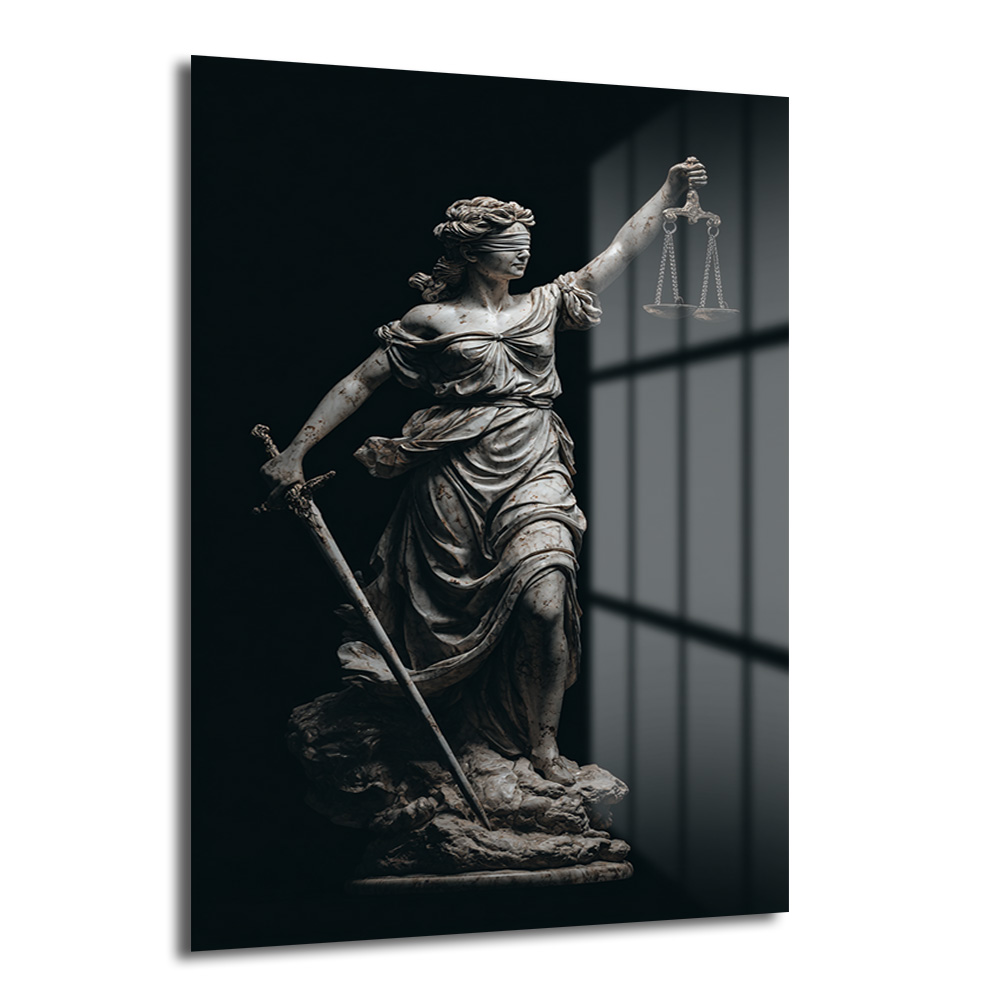 Adalet Tanrıçası Themis Heykeli Modern Cam Tablo Duvar Dekoru Karanlık arka planda, gözleri bağlı Adalet Tanrıçası Themis heykelinin dramatik ve estetik görünümü. Bir elinde terazi, diğer elinde kılıç tutan heykel, güçlü ve bilge bir duruş sergiliyor.