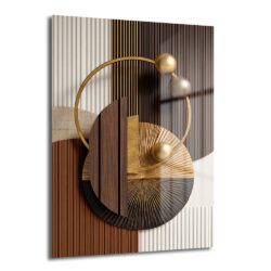 Altın renkli halkalar, küreler, koyu ve açık kahverengi ahşap dokulu geometrik şekiller ile beyaz ve bej dikey çizgili fonların birleştiği modern ve soyut cam tablo.