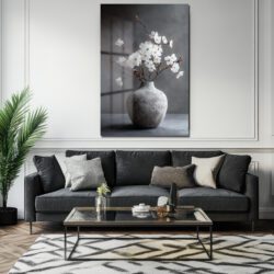 Zarif Beyaz Çiçekler ve Gri Vazo Cam Tablo - Modern Sanat Dokunuşu Duvar Dekoru Zarif Beyaz Çiçekler ve Gri Vazo Cam Tablo - Modern Sanat Dokunuşu