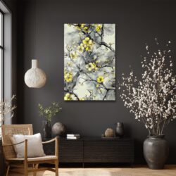 Sarı Çiçekler ve Gri Dallar Modern Cam Tablo Duvar Dekoru Sarı Çiçekler ve Gri Dallar Modern Cam Tablo