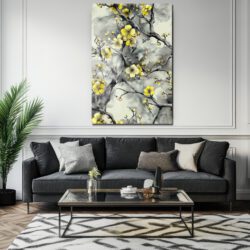 Sarı Çiçekler ve Gri Dallar Modern Cam Tablo Duvar Dekoru Sarı Çiçekler ve Gri Dallar Modern Cam Tablo