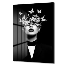 Gizemli Kelebek Kadın Modern Cam Tablo Duvar Dekoru Gizemli Kelebek Kadın Modern Cam Tablo