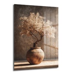 Toprak tonlarında dokulu bir duvara yaslanmış, rustik bir saksı içinde bej yapraklı minyatür bir ağaç (bonsai) bulunan dikey cam tablo. Sağdan gelen güneş ışığı duvara ve zemine çizgili gölgeler düşürüyor.