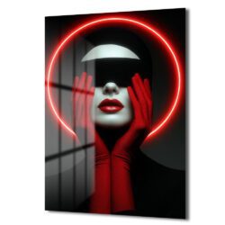 Kırmızı Neon Çemberli Gizemli Portre Cam Tablo Duvar Dekoru Kırmızı Neon Çemberli Gizemli Portre Cam Tablo
