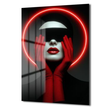 Kırmızı Neon Çemberli Gizemli Portre Cam Tablo - Glazella Kırmızı Neon Çemberli Gizemli Portre Cam Tablo - Glazella
