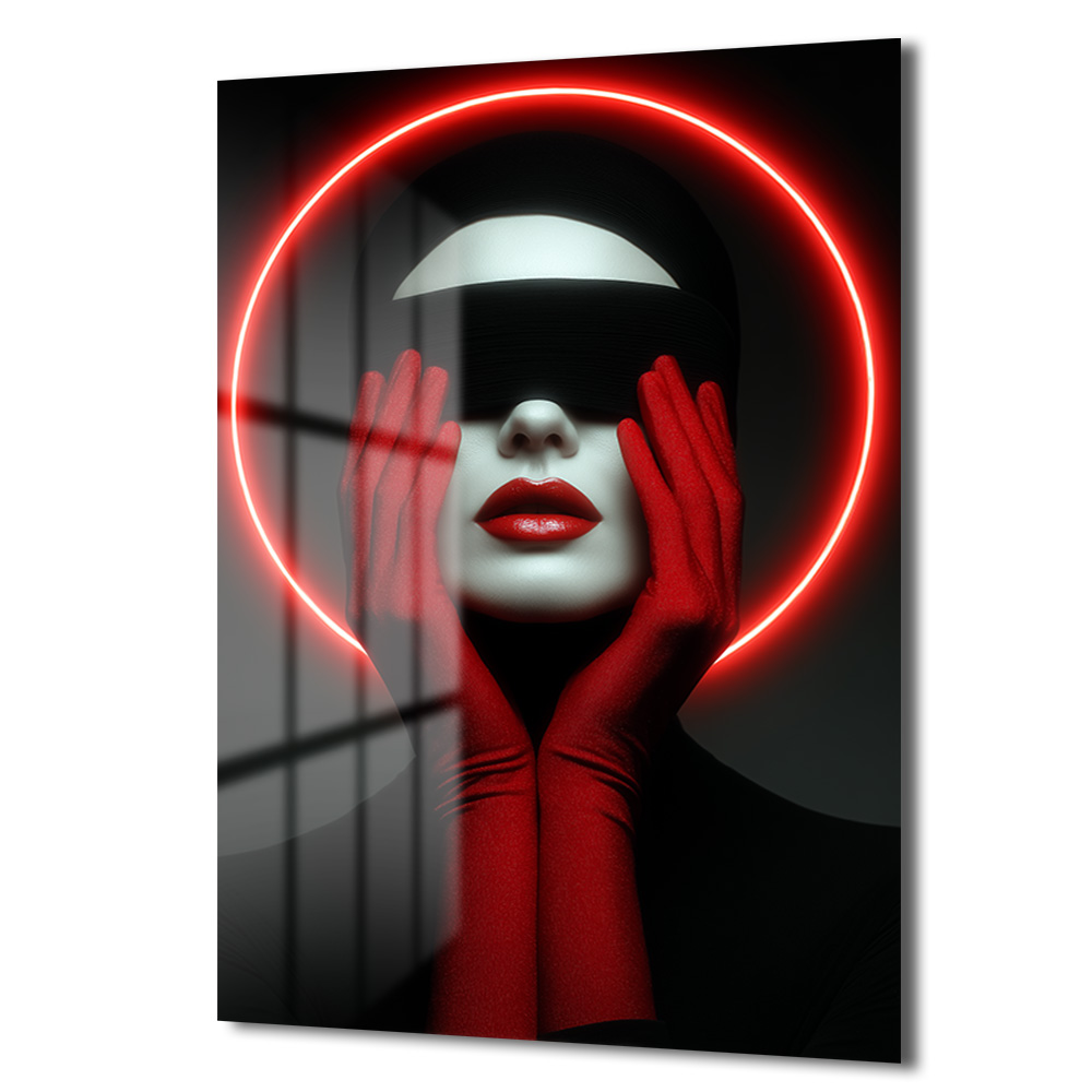 Kırmızı Neon Çemberli Gizemli Portre Cam Tablo Duvar Dekoru Kırmızı Neon Çemberli Gizemli Portre Cam Tablo