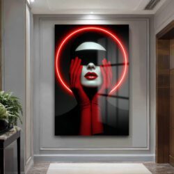 Kırmızı Neon Çemberli Gizemli Portre Cam Tablo Duvar Dekoru Kırmızı Neon Çemberli Gizemli Portre Cam Tablo
