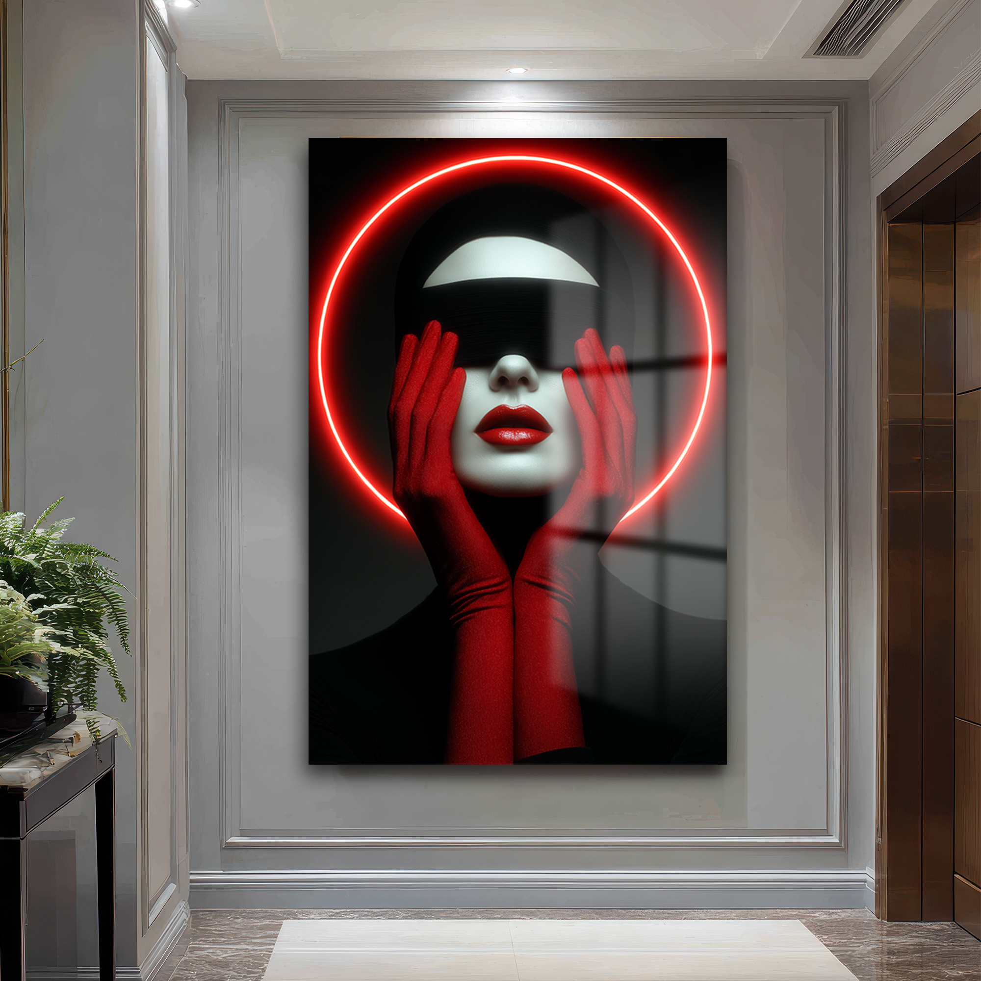 Kırmızı Neon Çemberli Gizemli Portre Cam Tablo Duvar Dekoru Kırmızı Neon Çemberli Gizemli Portre Cam Tablo