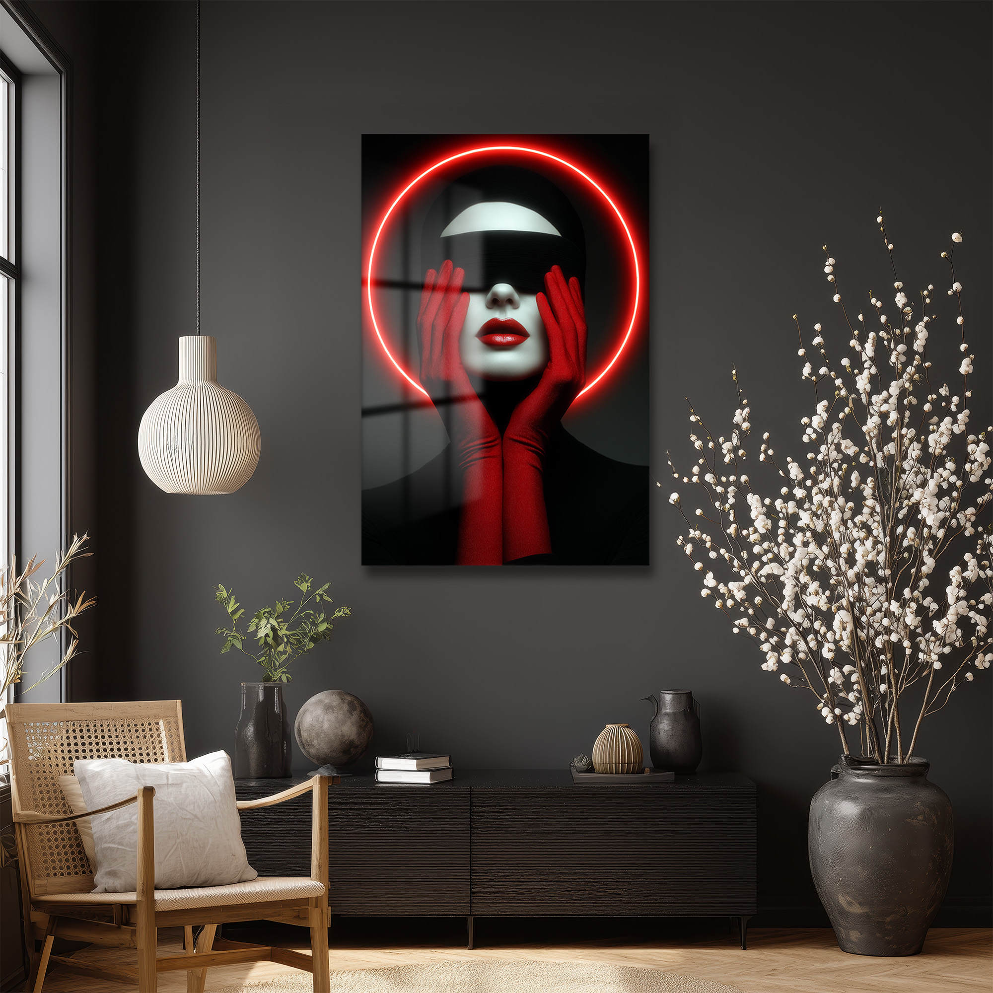 Kırmızı Neon Çemberli Gizemli Portre Cam Tablo Duvar Dekoru Kırmızı Neon Çemberli Gizemli Portre Cam Tablo