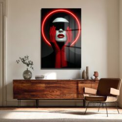 Kırmızı Neon Çemberli Gizemli Portre Cam Tablo Duvar Dekoru Kırmızı Neon Çemberli Gizemli Portre Cam Tablo
