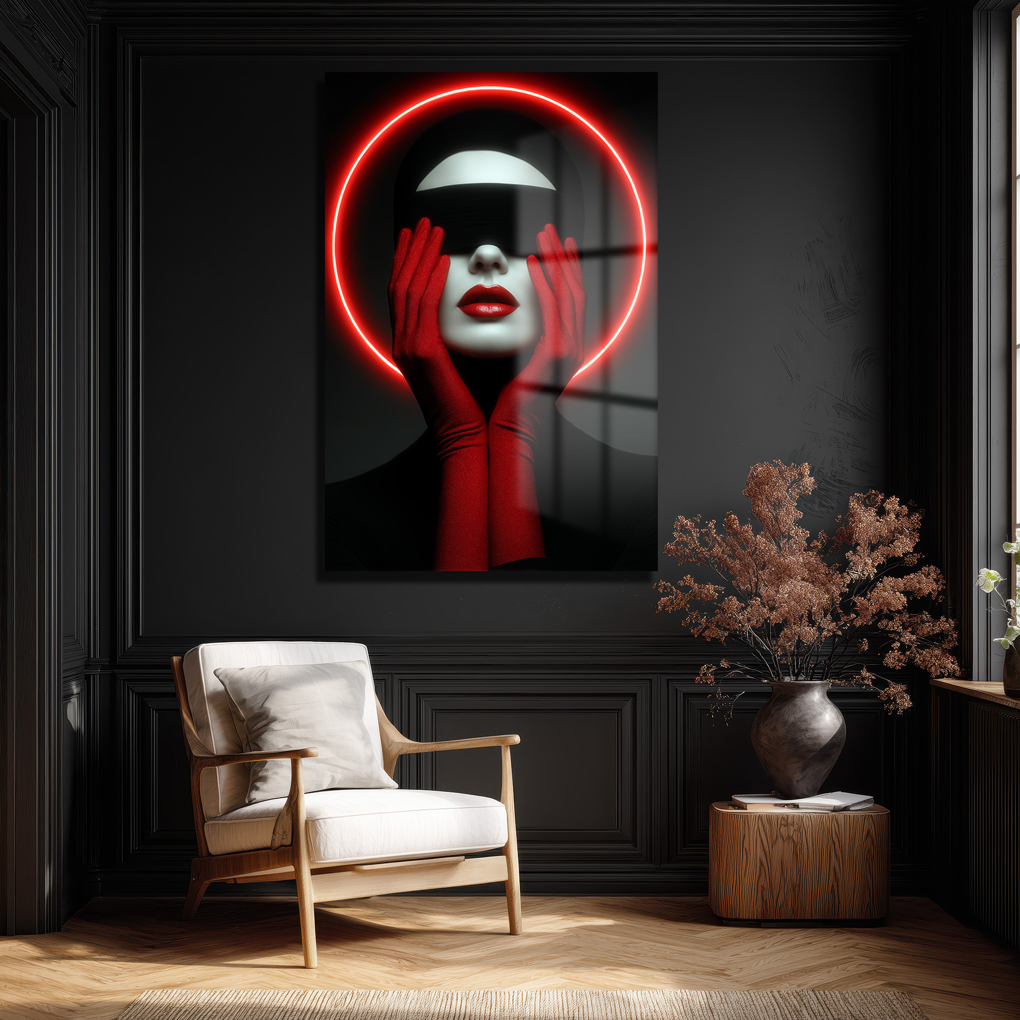 Kırmızı Neon Çemberli Gizemli Portre Cam Tablo Duvar Dekoru Kırmızı Neon Çemberli Gizemli Portre Cam Tablo