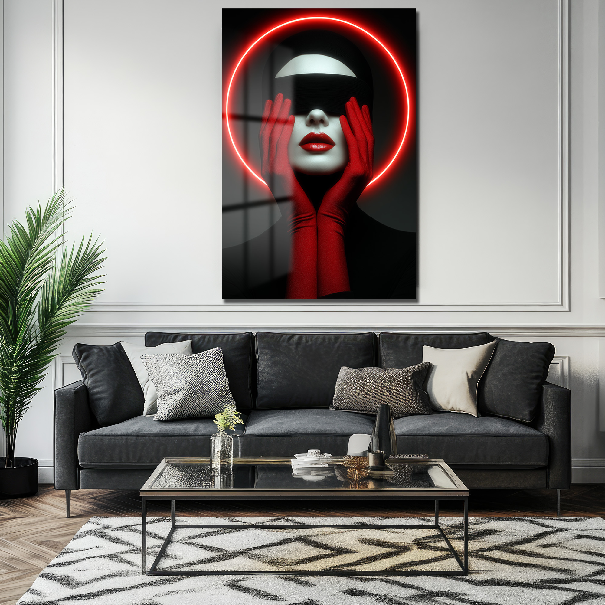Kırmızı Neon Çemberli Gizemli Portre Cam Tablo Duvar Dekoru Kırmızı Neon Çemberli Gizemli Portre Cam Tablo