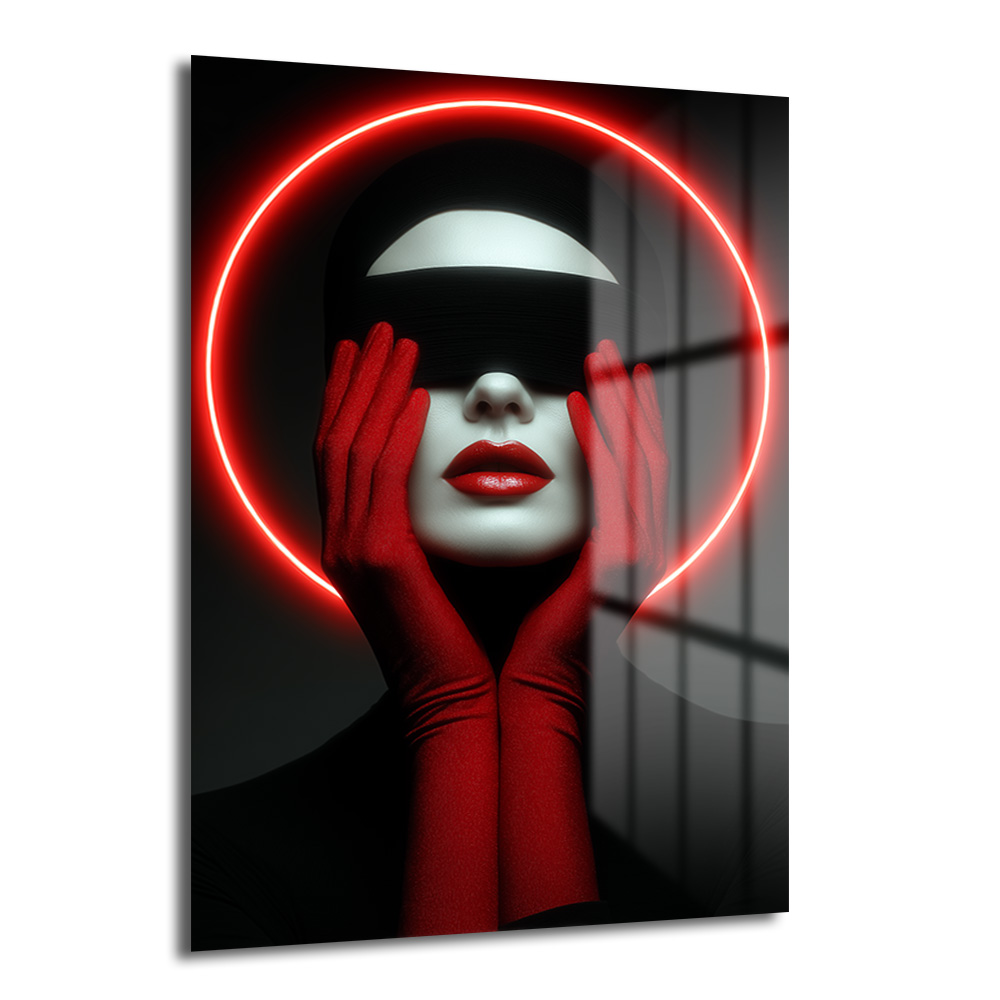 Kırmızı Neon Çemberli Gizemli Portre Cam Tablo Duvar Dekoru Kırmızı eldivenli ve gözleri bağlı, kırmızı neon bir çemberle çerçevelenmiş modern bir kadın portresi cam tablo.