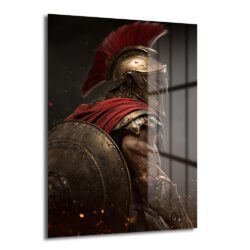 Kırmızı sorguçlu altın miğferli, kırmızı pelerinli ve bronz kalkanlı bir Sparta savaşçısının arkadan görüldüğü, koyu arka plan üzerinde kıvılcımların yükseldiği dramatik cam tablo.