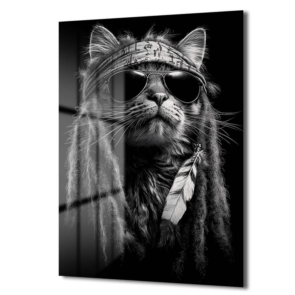 Asi Ruhlu Kedi: Rock Yıldızı Tarzı Cam Tablo Duvar Dekoru Asi Ruhlu Kedi: Rock Yıldızı Tarzı Cam Tablo