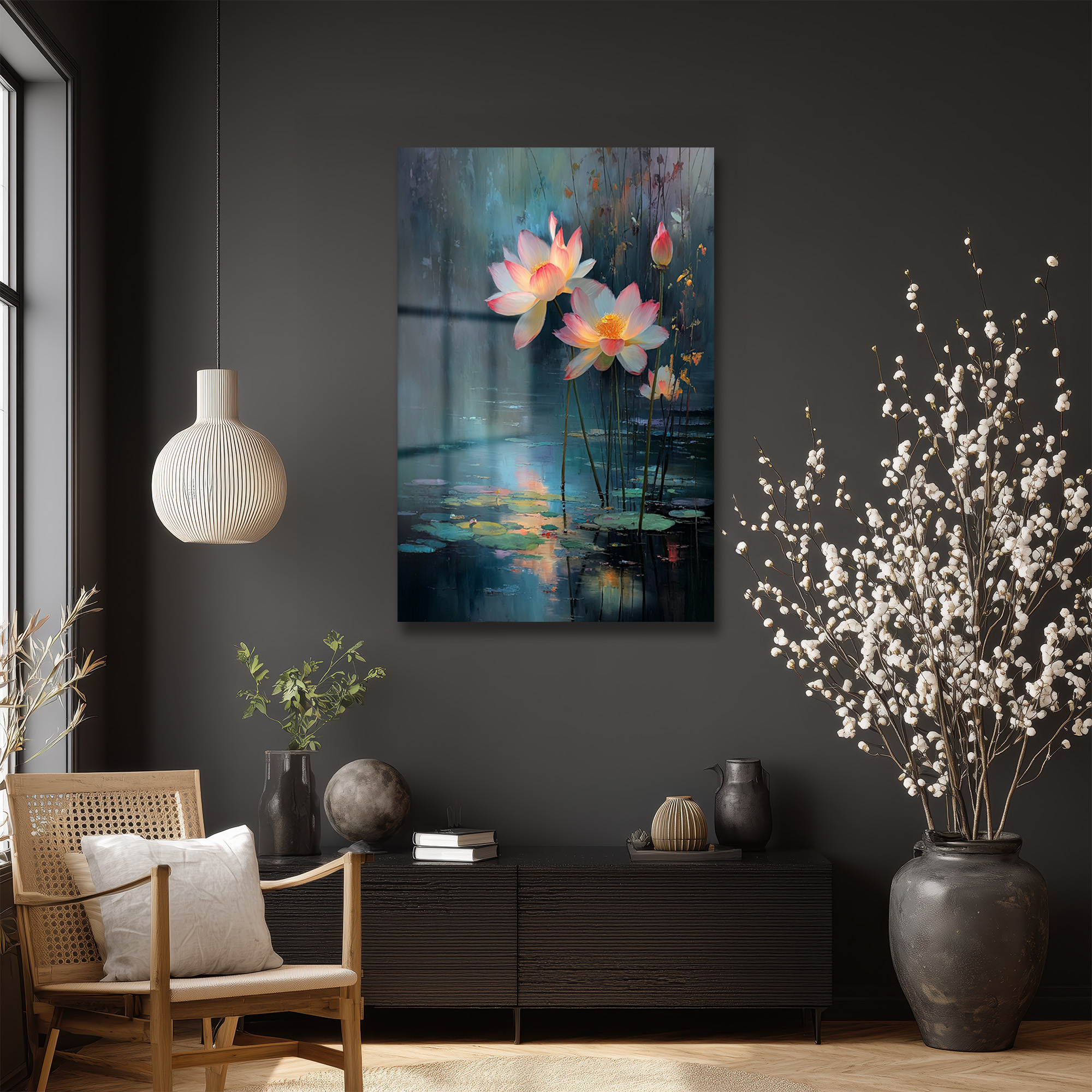 Büyüleyici Lotus Çiçekleri Cam Tablo | Dinginlik ve Zarafet Duvar Dekoru Büyüleyici Lotus Çiçekleri Cam Tablo | Dinginlik ve Zarafet