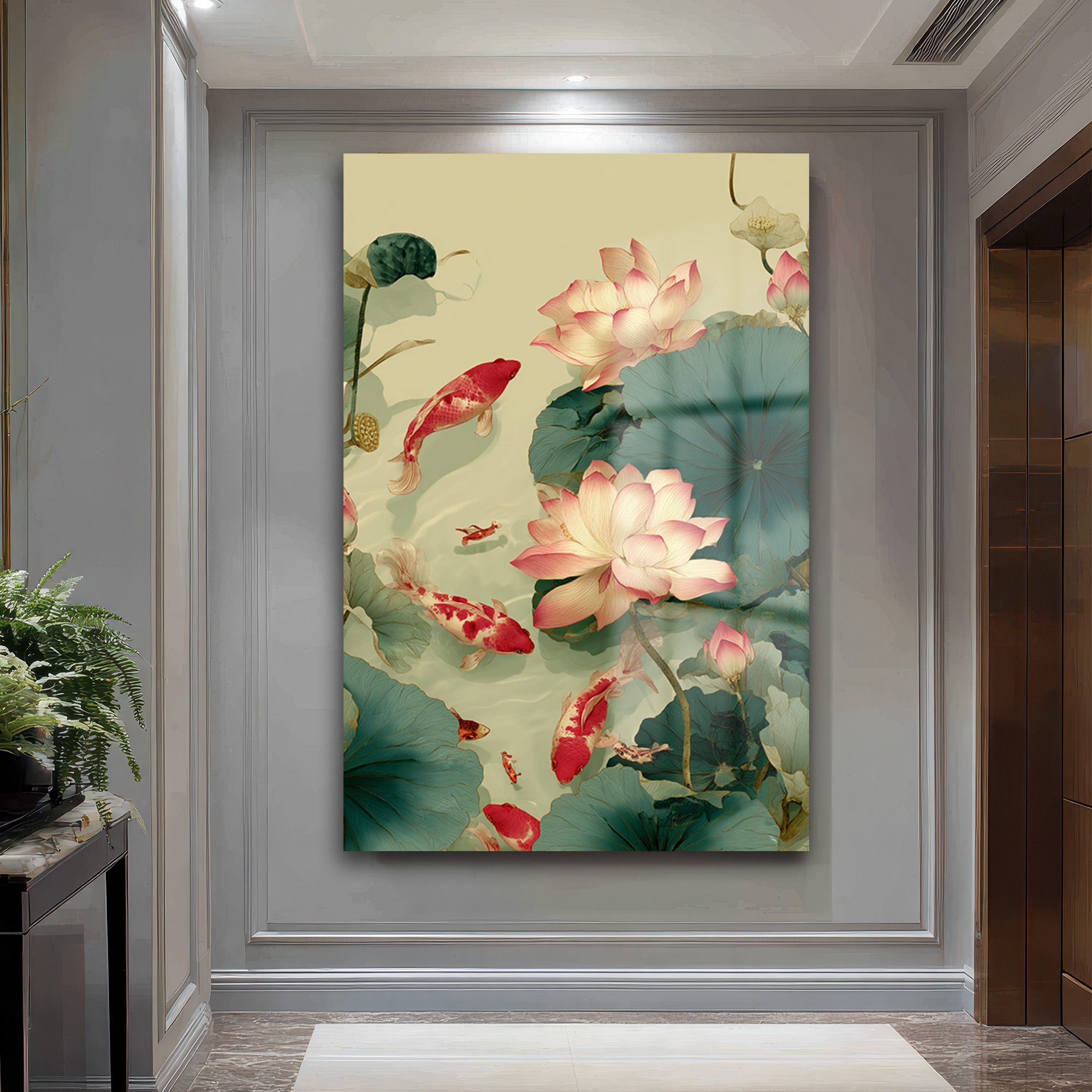 Lotus ve Koi Balıkları Cam Tablo - Huzurlu Su Bahçesi Sanatı Duvar Dekoru Lotus ve Koi Balıkları Cam Tablo - Huzurlu Su Bahçesi Sanatı