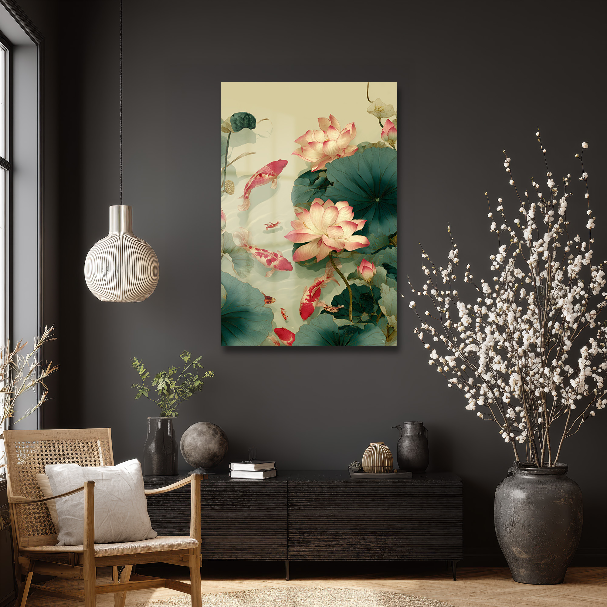 Lotus ve Koi Balıkları Cam Tablo - Huzurlu Su Bahçesi Sanatı Duvar Dekoru Lotus ve Koi Balıkları Cam Tablo - Huzurlu Su Bahçesi Sanatı