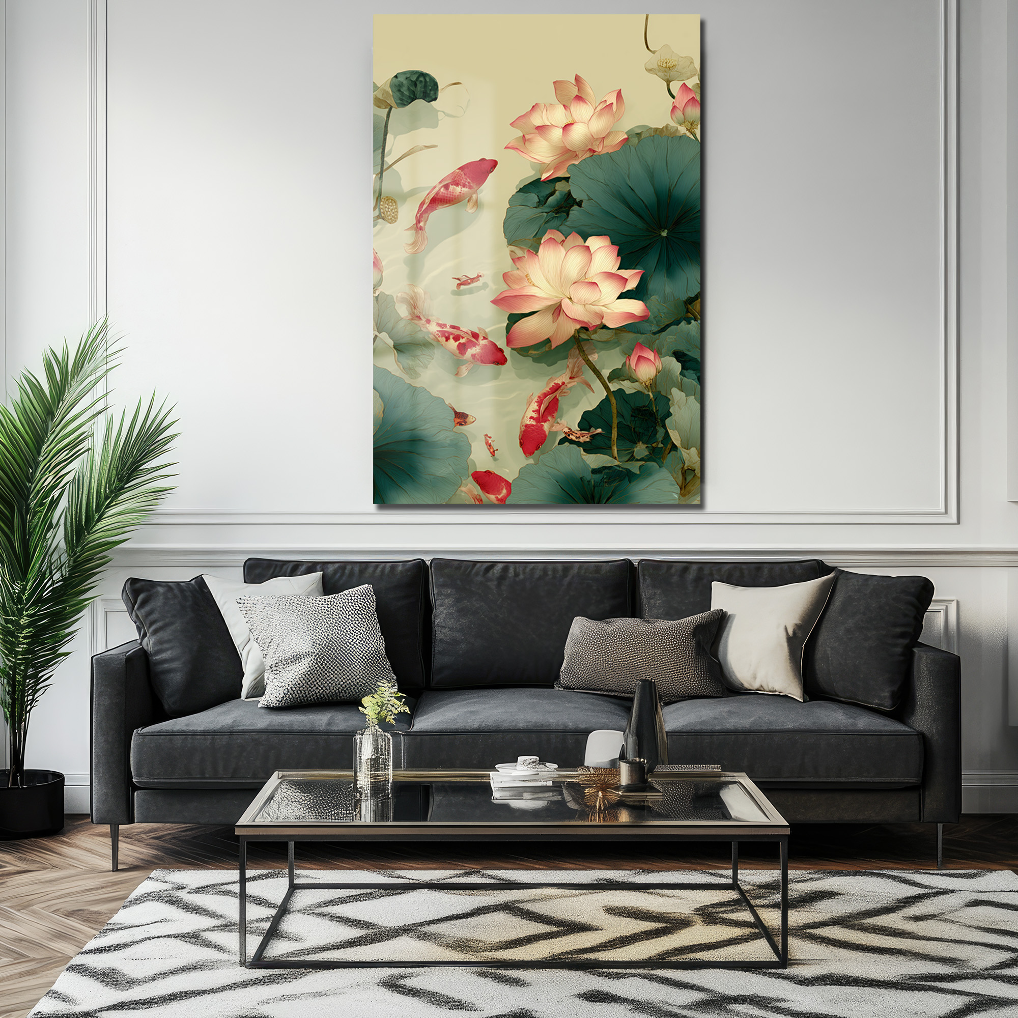 Lotus ve Koi Balıkları Cam Tablo - Huzurlu Su Bahçesi Sanatı Duvar Dekoru Lotus ve Koi Balıkları Cam Tablo - Huzurlu Su Bahçesi Sanatı