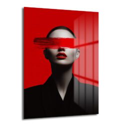 Kırmızı Fırça Darbesiyle Gizemli Kadın Cam Tablo - Glazella