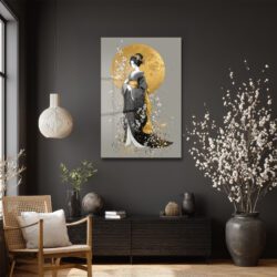 Altın Ay ve Kiraz Çiçekli Japon Kadın Cam Tablo Duvar Dekoru Altın Ay ve Kiraz Çiçekli Japon Kadın Cam Tablo