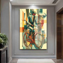 Art Deco Bisikletli Adam Temalı Modern Cam Tablo Duvar Dekoru Art Deco Bisikletli Adam Temalı Modern Cam Tablo