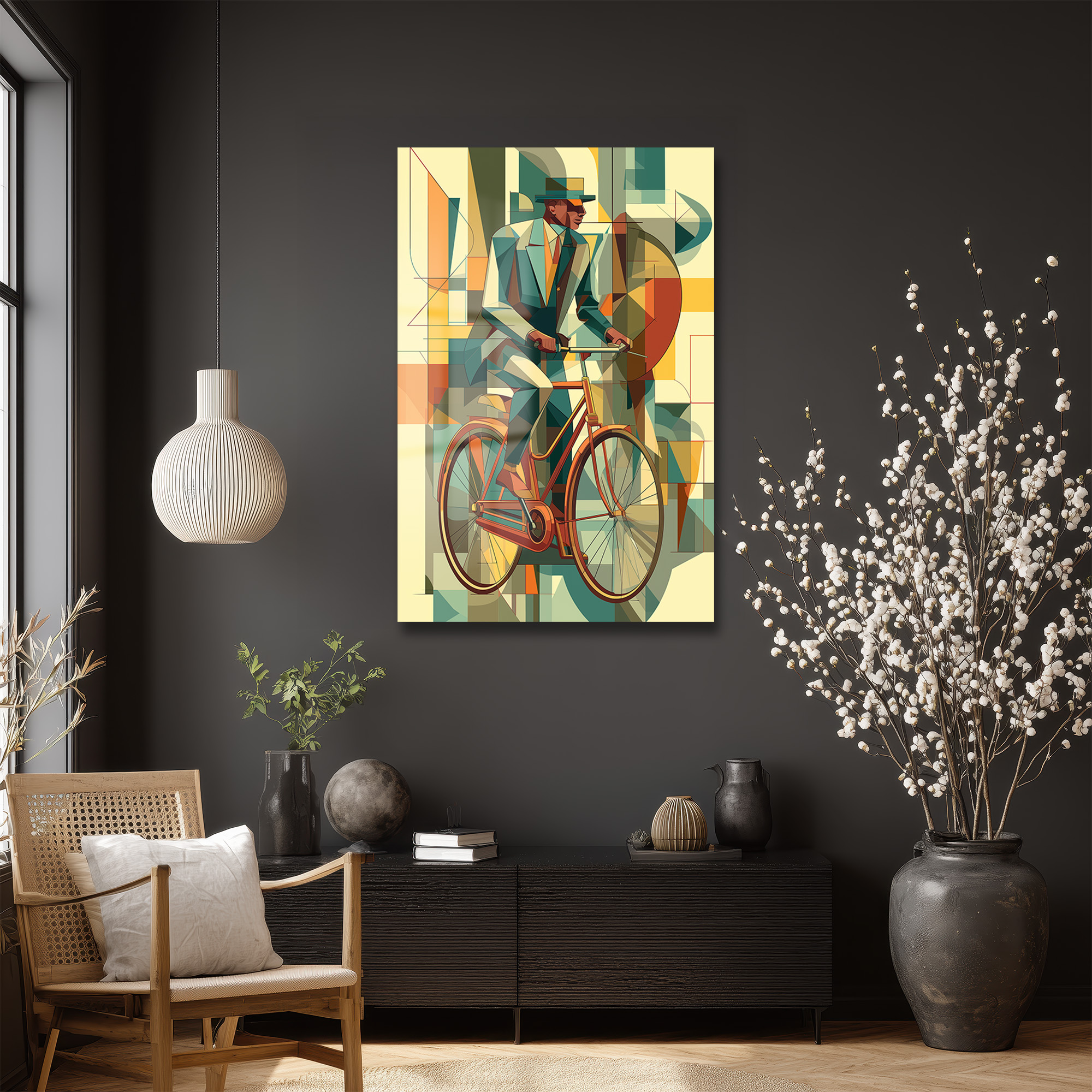 Art Deco Bisikletli Adam Temalı Modern Cam Tablo Duvar Dekoru Art Deco Bisikletli Adam Temalı Modern Cam Tablo