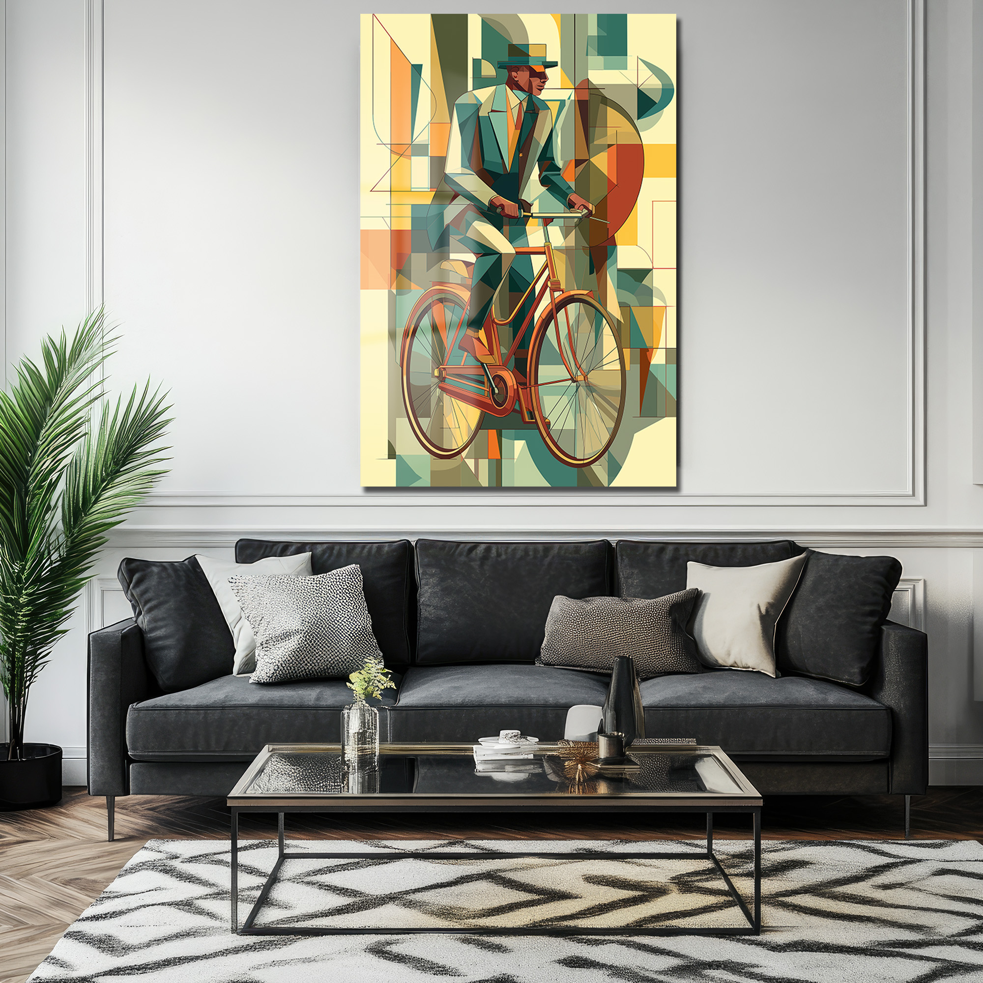 Art Deco Bisikletli Adam Temalı Modern Cam Tablo Duvar Dekoru Art Deco Bisikletli Adam Temalı Modern Cam Tablo