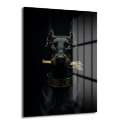 Karanlık bir arka plan önünde duran, altın rengi bir tabancayı ağzında tutan ve parlayan sarı gözleri olan siyah bir Doberman köpeği cam tablo