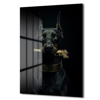 Doberman ve Altın Tabanca Temalı Sanatsal Cam Tablo - Glazella