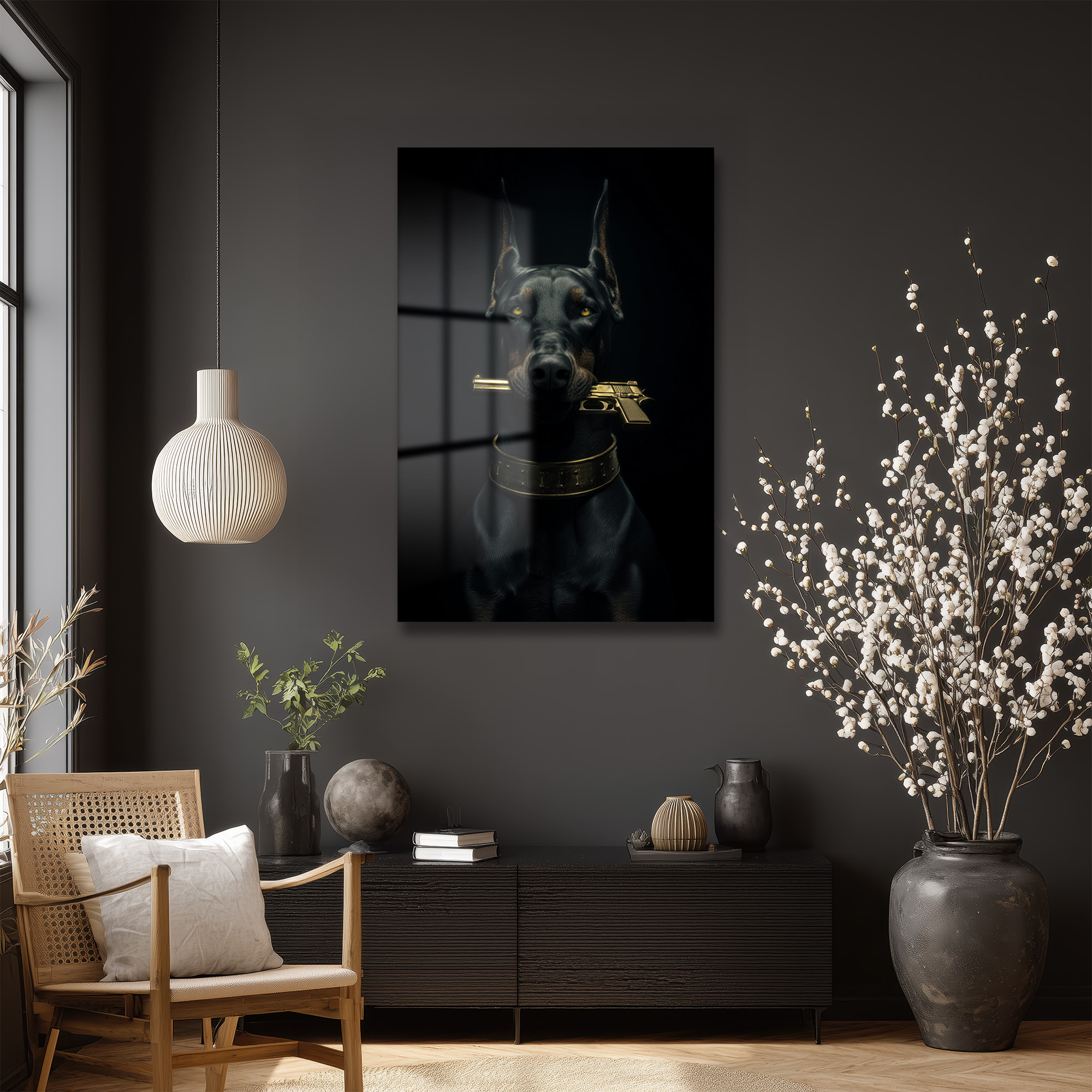 Doberman ve Altın Tabanca Temalı Sanatsal Cam Tablo Duvar Dekoru Doberman ve Altın Tabanca Temalı Sanatsal Cam Tablo