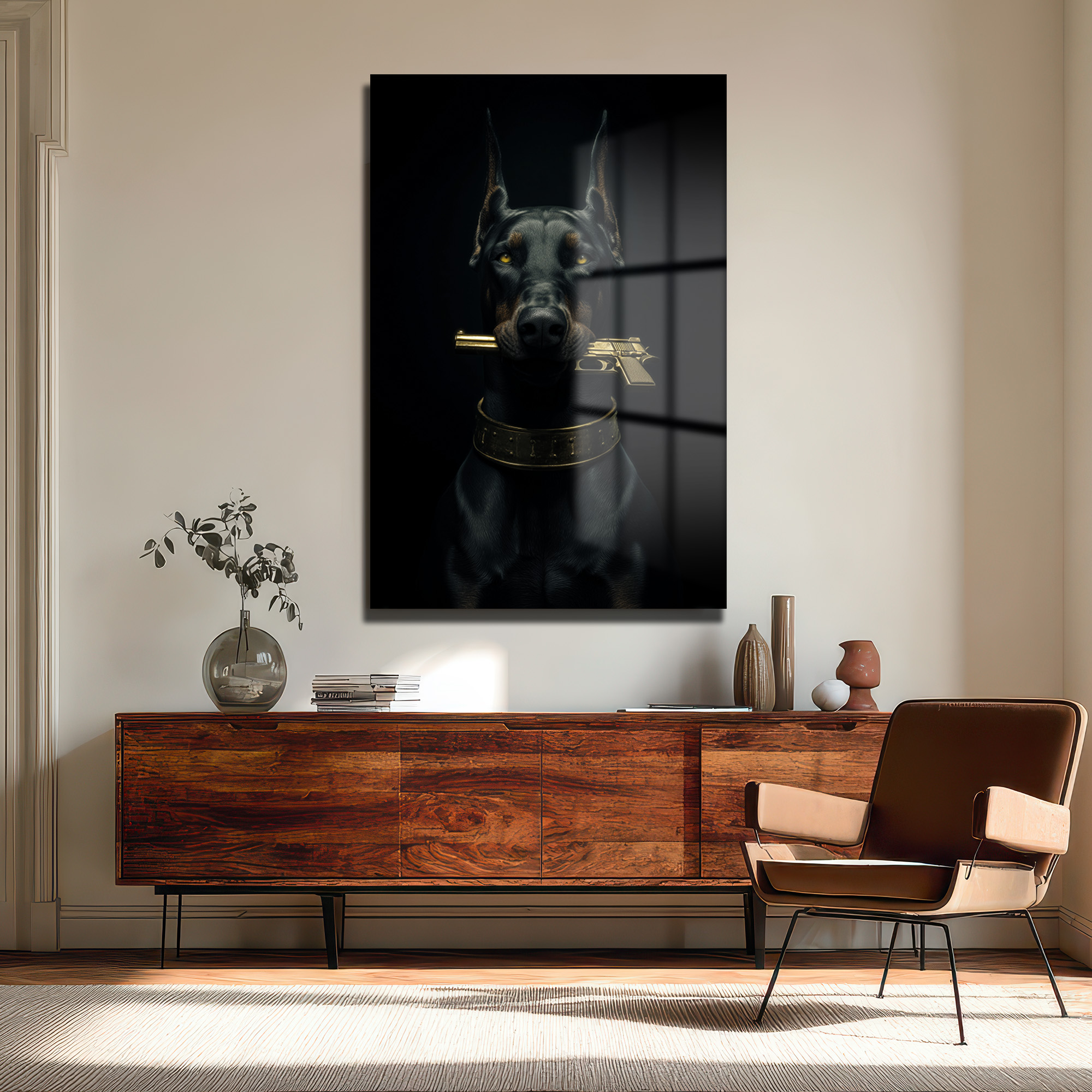 Doberman ve Altın Tabanca Temalı Sanatsal Cam Tablo Duvar Dekoru Doberman ve Altın Tabanca Temalı Sanatsal Cam Tablo