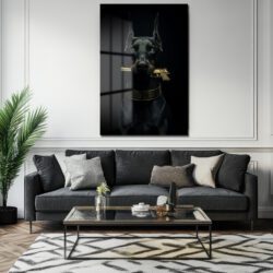 Doberman ve Altın Tabanca Temalı Sanatsal Cam Tablo Duvar Dekoru Doberman ve Altın Tabanca Temalı Sanatsal Cam Tablo