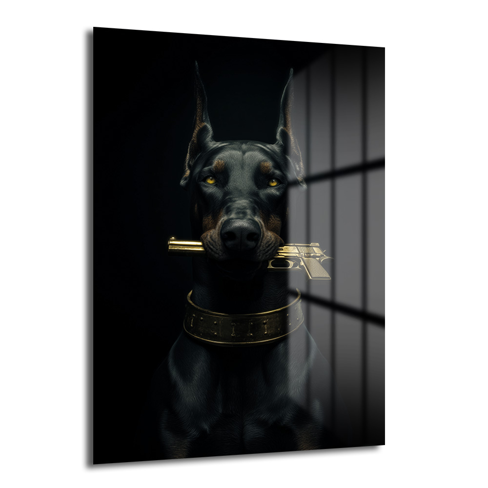 Doberman ve Altın Tabanca Temalı Sanatsal Cam Tablo Duvar Dekoru Karanlık bir arka plan önünde duran, altın rengi bir tabancayı ağzında tutan ve parlayan sarı gözleri olan siyah bir Doberman köpeği cam tablo