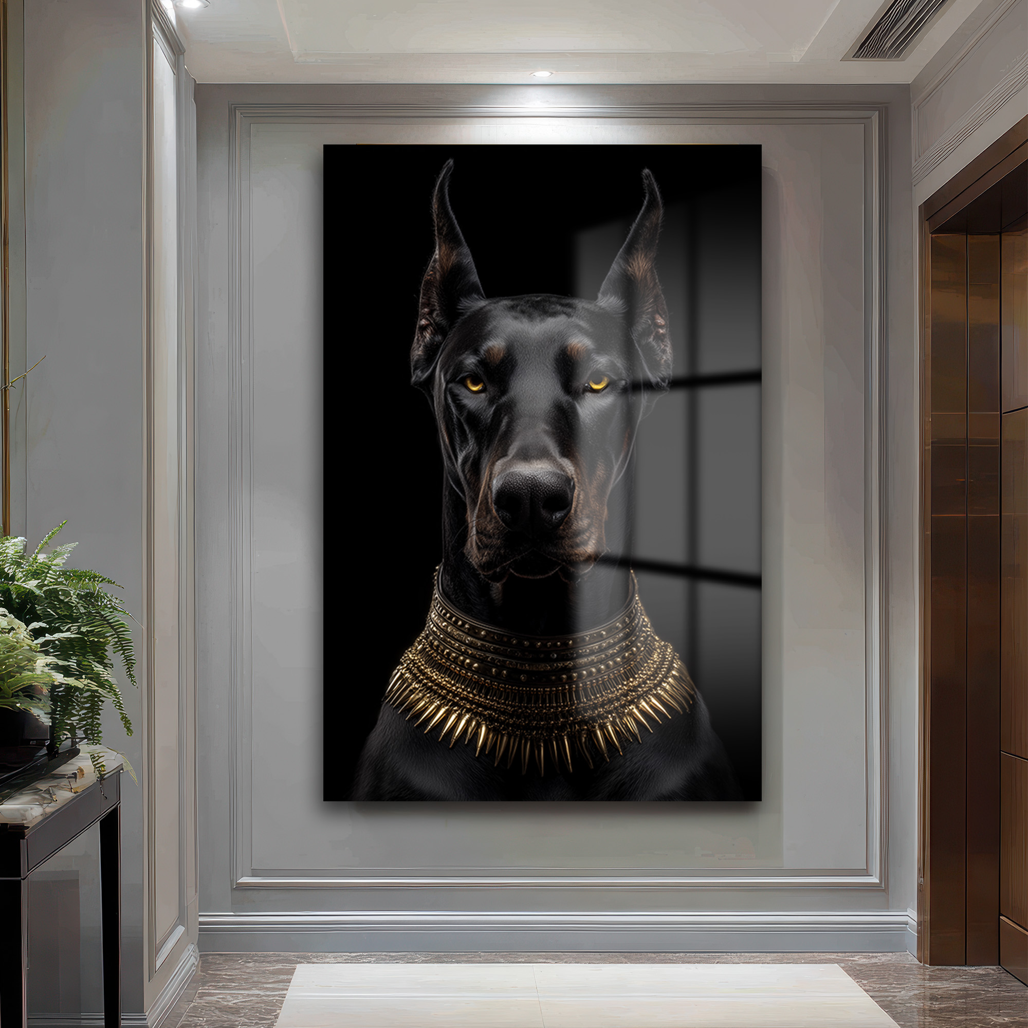 Asil Doberman Altın Yaka Cam Tablo - Güç ve Elegansın Simgesi Duvar Dekoru Asil Doberman Altın Yaka Cam Tablo - Güç ve Elegansın Simgesi