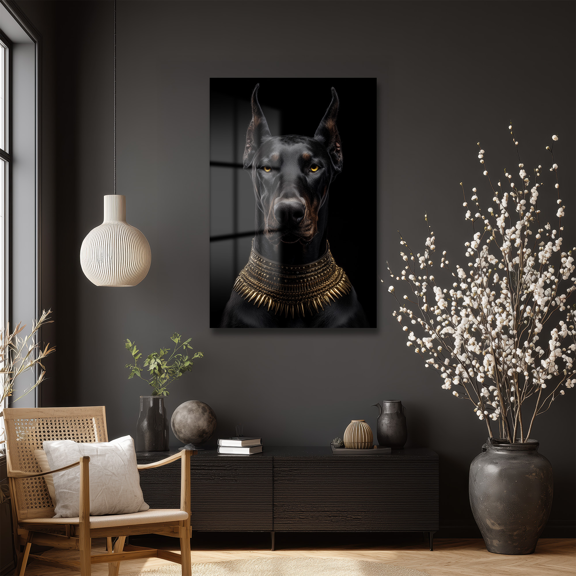 Asil Doberman Altın Yaka Cam Tablo - Güç ve Elegansın Simgesi Duvar Dekoru Asil Doberman Altın Yaka Cam Tablo - Güç ve Elegansın Simgesi