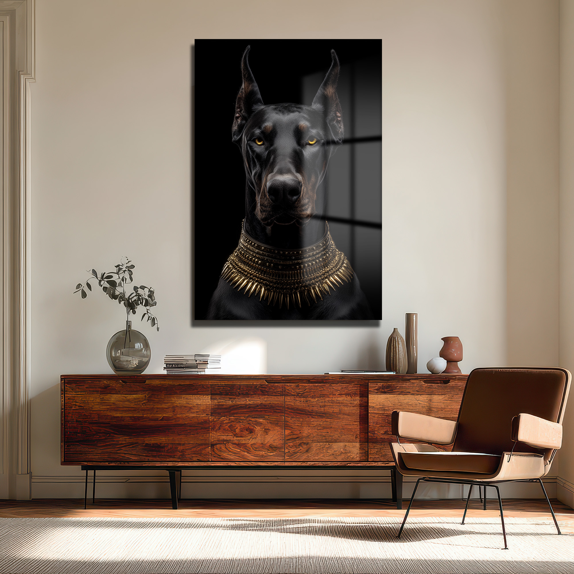 Asil Doberman Altın Yaka Cam Tablo - Güç ve Elegansın Simgesi Duvar Dekoru Asil Doberman Altın Yaka Cam Tablo - Güç ve Elegansın Simgesi