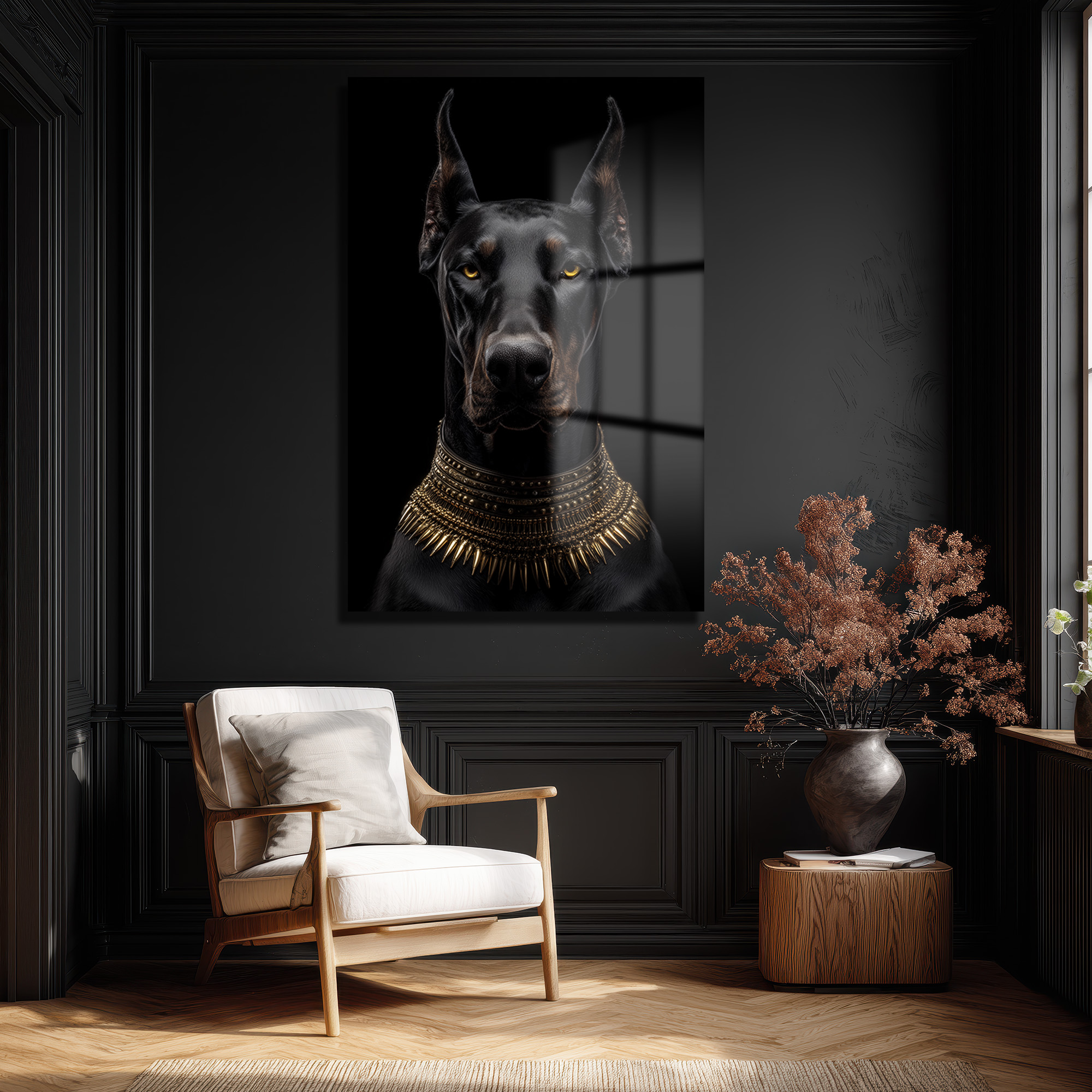 Asil Doberman Altın Yaka Cam Tablo - Güç ve Elegansın Simgesi Duvar Dekoru Asil Doberman Altın Yaka Cam Tablo - Güç ve Elegansın Simgesi
