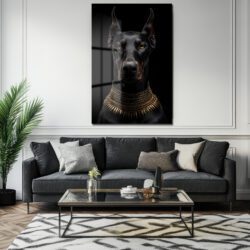 Asil Doberman Altın Yaka Cam Tablo - Güç ve Elegansın Simgesi Duvar Dekoru Asil Doberman Altın Yaka Cam Tablo - Güç ve Elegansın Simgesi