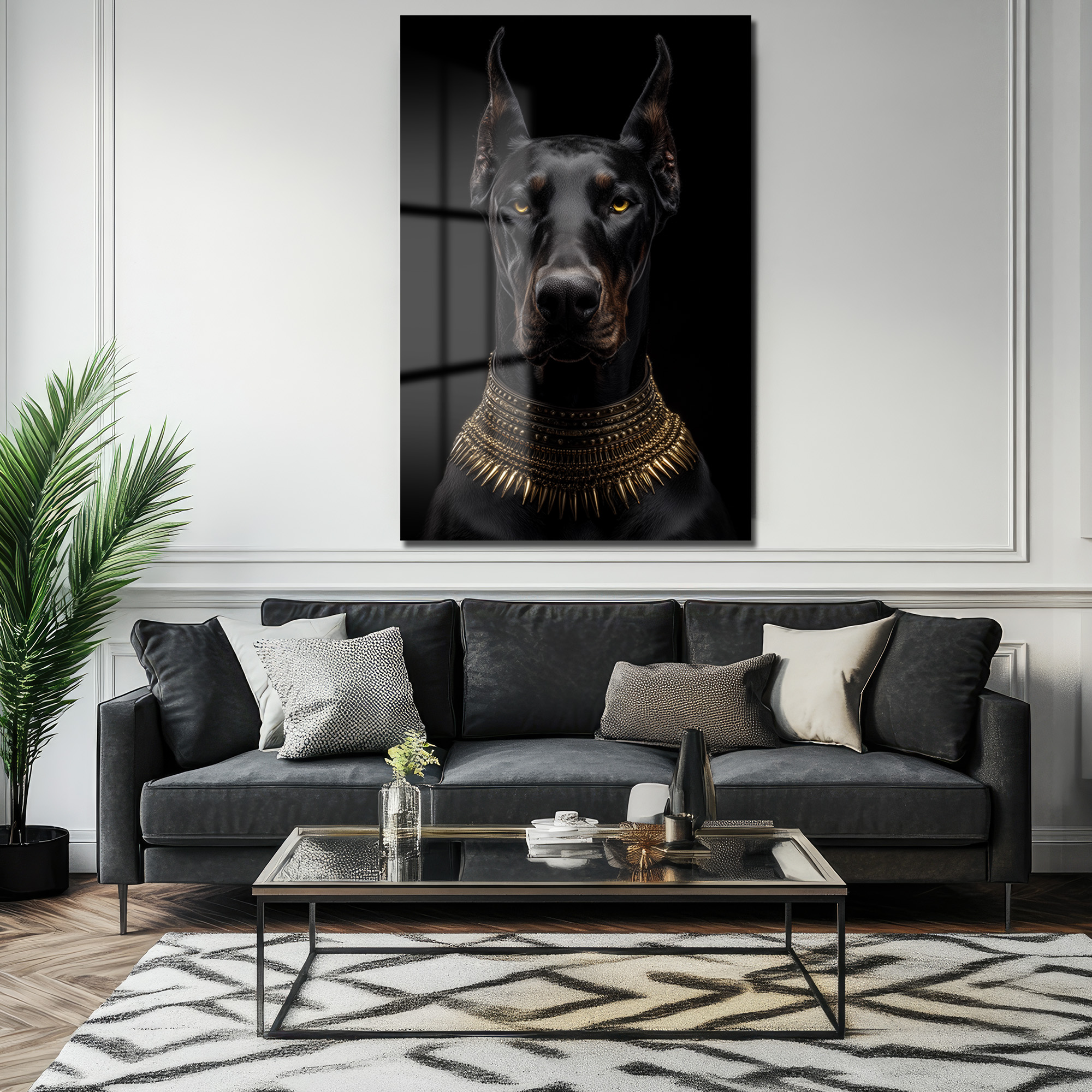 Asil Doberman Altın Yaka Cam Tablo - Güç ve Elegansın Simgesi Duvar Dekoru Asil Doberman Altın Yaka Cam Tablo - Güç ve Elegansın Simgesi