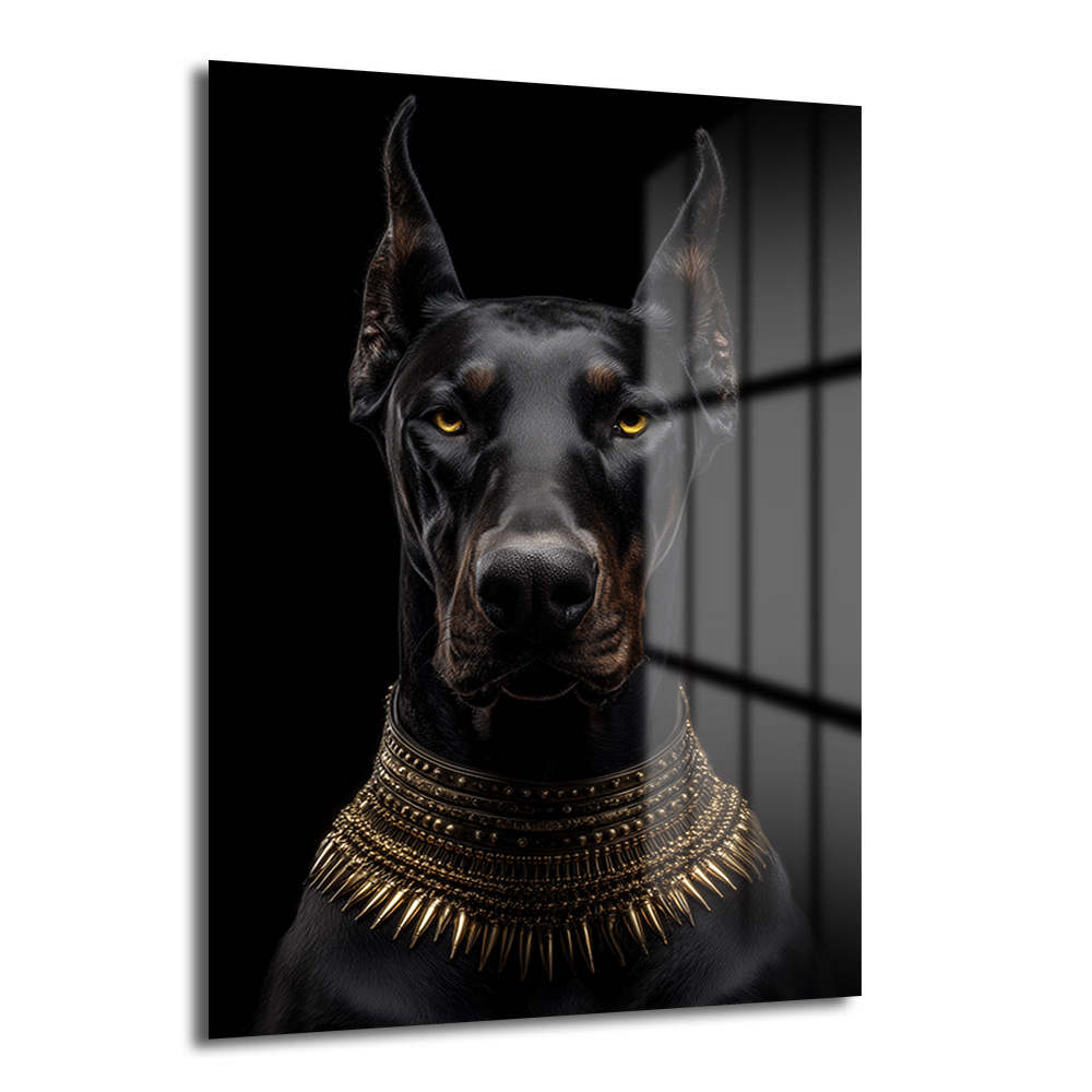 Asil Doberman Altın Yaka Cam Tablo - Güç ve Elegansın Simgesi Duvar Dekoru Koyu siyah bir arka planda, altın rengi sivri yakalı, çarpıcı sarı gözlere sahip asil bir Doberman köpeği portresi gösteren cam tablo.