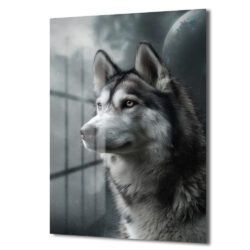 Gizemli Husky Bakışı Cam Tablo - Kurt Sanatı Duvar Dekoru Gizemli Husky Bakışı Cam Tablo - Kurt Sanatı
