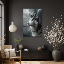 Gizemli Husky Bakışı Cam Tablo - Kurt Sanatı Duvar Dekoru Gizemli Husky Bakışı Cam Tablo - Kurt Sanatı
