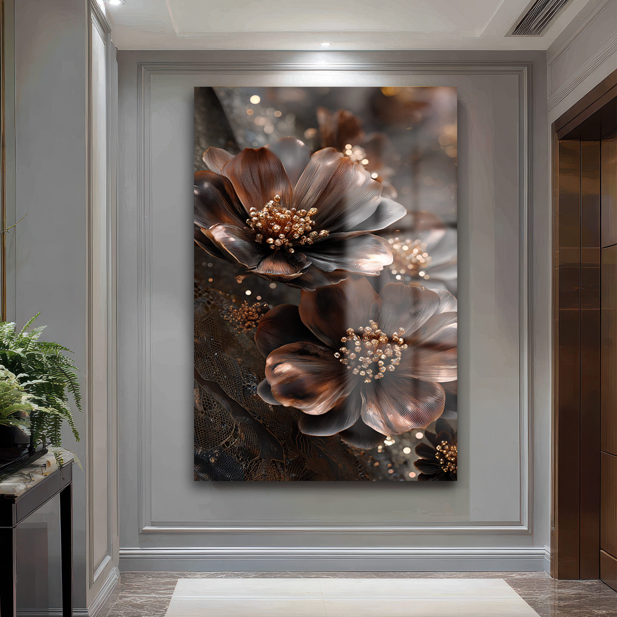Lüks Bronz Çiçekler Cam Tablo | Modern Sanat Duvar Dekorasyonu Duvar Dekoru Lüks Bronz Çiçekler Cam Tablo | Modern Sanat Duvar Dekorasyonu