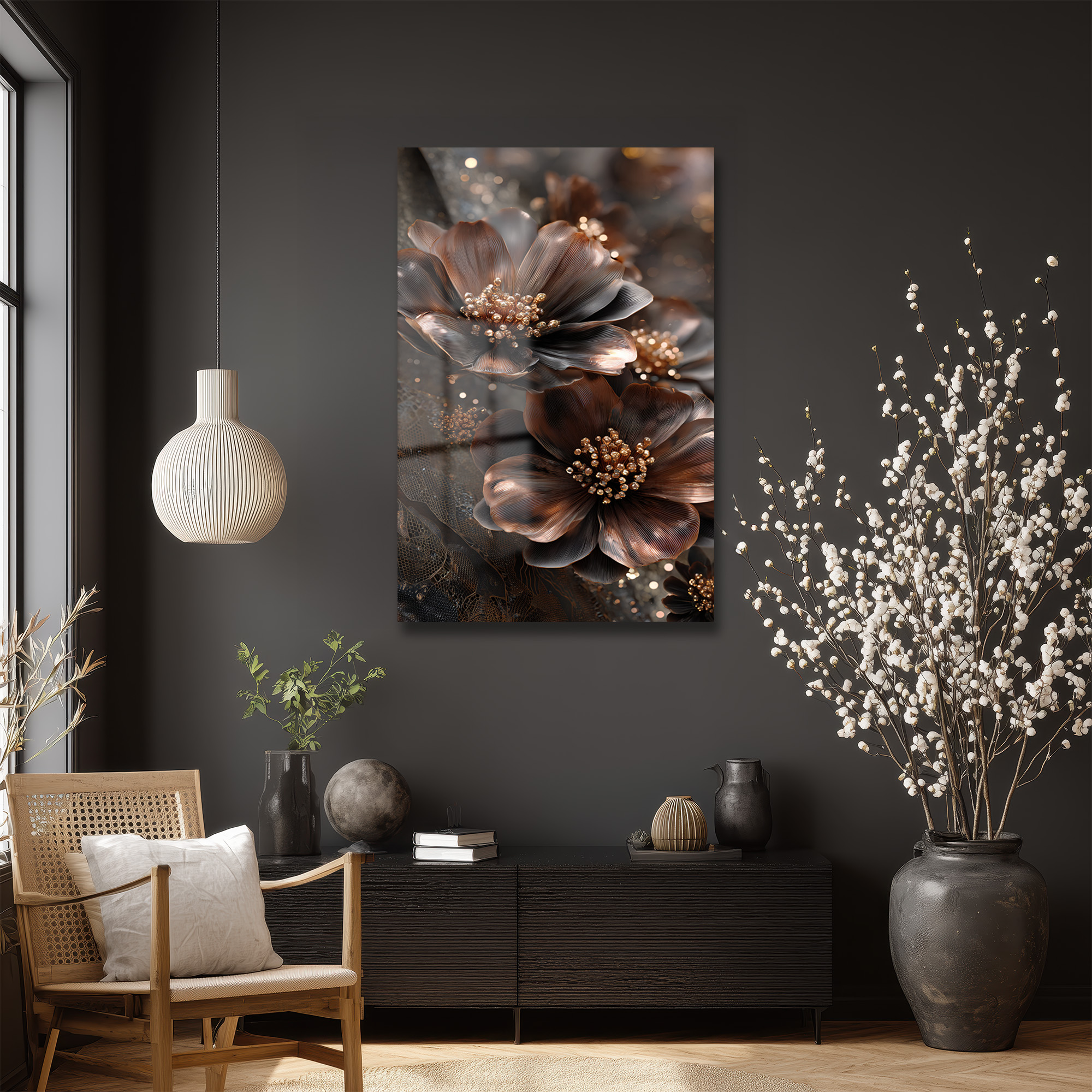 Lüks Bronz Çiçekler Cam Tablo | Modern Sanat Duvar Dekorasyonu Duvar Dekoru Lüks Bronz Çiçekler Cam Tablo | Modern Sanat Duvar Dekorasyonu