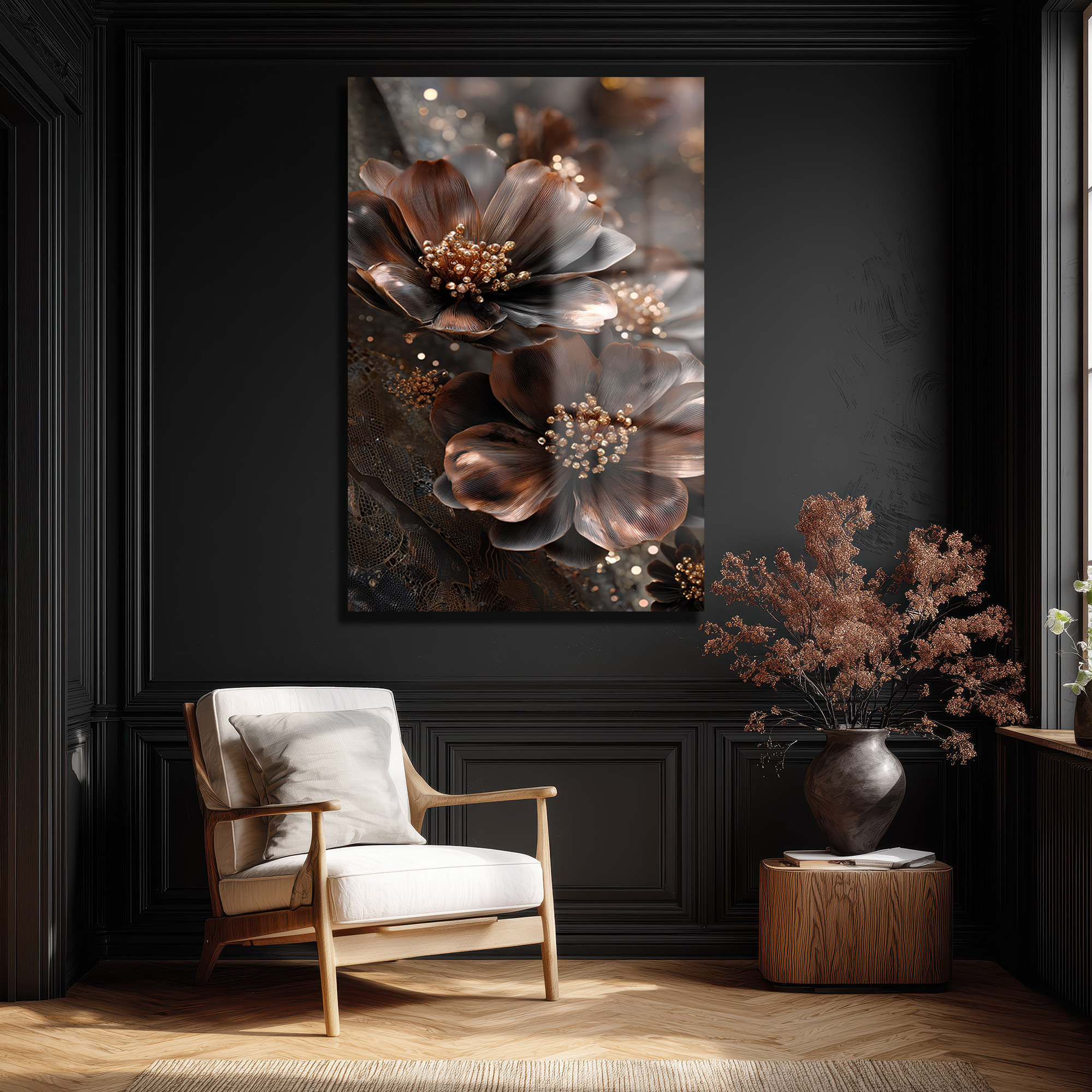 Lüks Bronz Çiçekler Cam Tablo | Modern Sanat Duvar Dekorasyonu Duvar Dekoru Lüks Bronz Çiçekler Cam Tablo | Modern Sanat Duvar Dekorasyonu