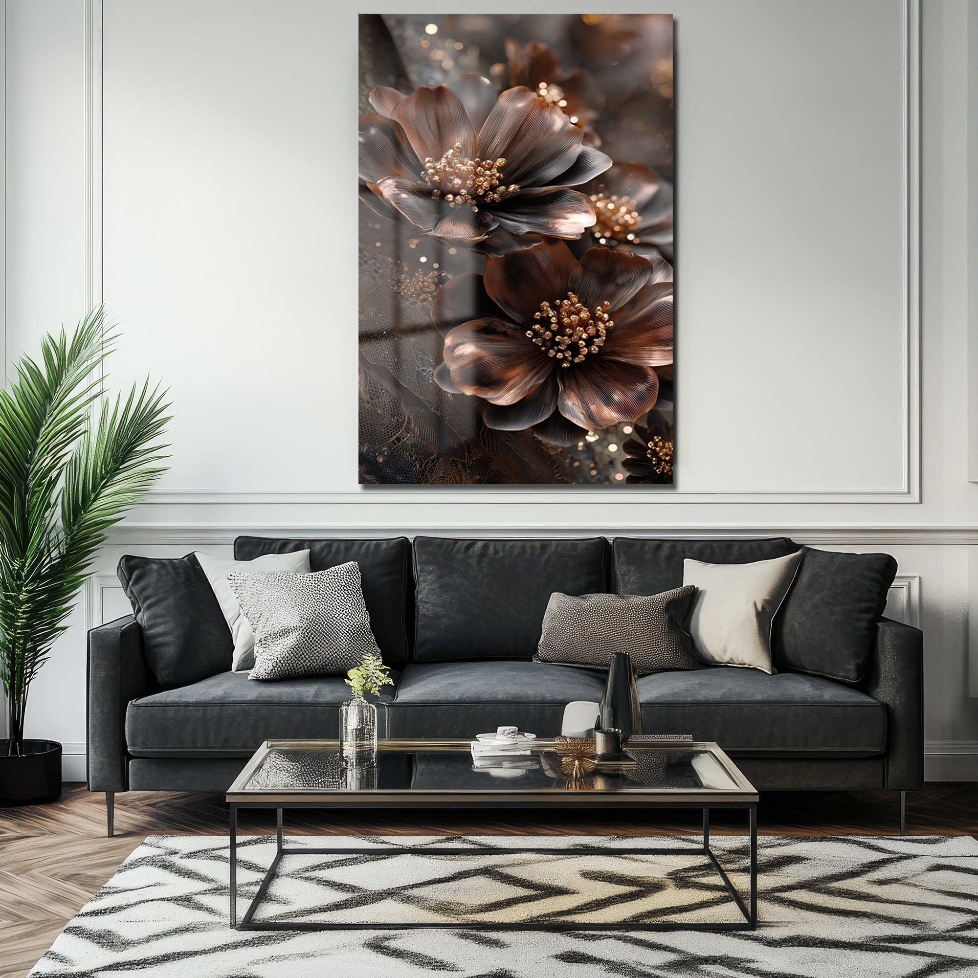 Lüks Bronz Çiçekler Cam Tablo | Modern Sanat Duvar Dekorasyonu Duvar Dekoru Lüks Bronz Çiçekler Cam Tablo | Modern Sanat Duvar Dekorasyonu