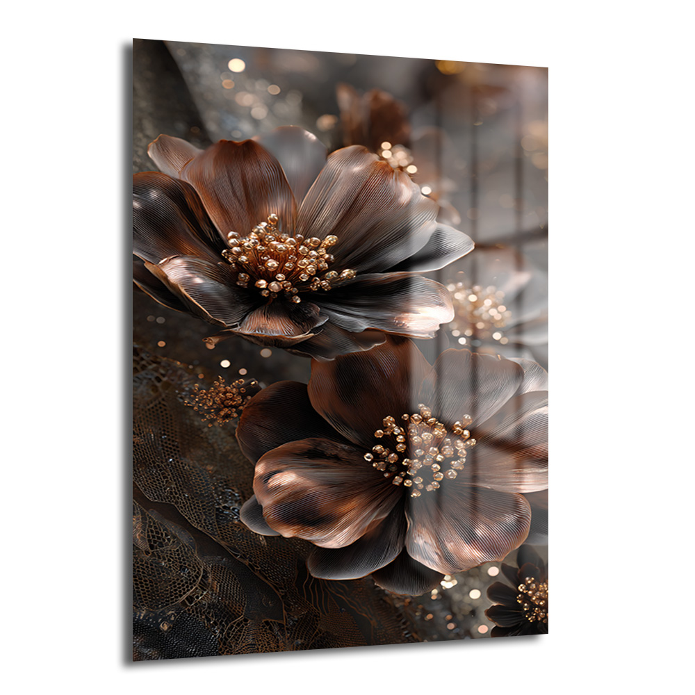 Lüks Bronz Çiçekler Cam Tablo | Modern Sanat Duvar Dekorasyonu Duvar Dekoru Koyu kahve ve bronz tonlarında, parıltılı detaylara sahip, modern ve lüks stilize edilmiş çiçeklerin yer aldığı cam tablo.