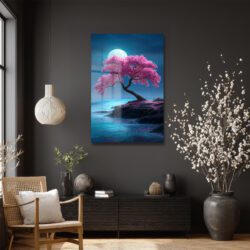 Dolunayda Pembe Sakura Ağacı Cam Tablo - Japon Baharı Esintisi Duvar Dekoru Dolunayda Pembe Sakura Ağacı Cam Tablo - Japon Baharı Esintisi